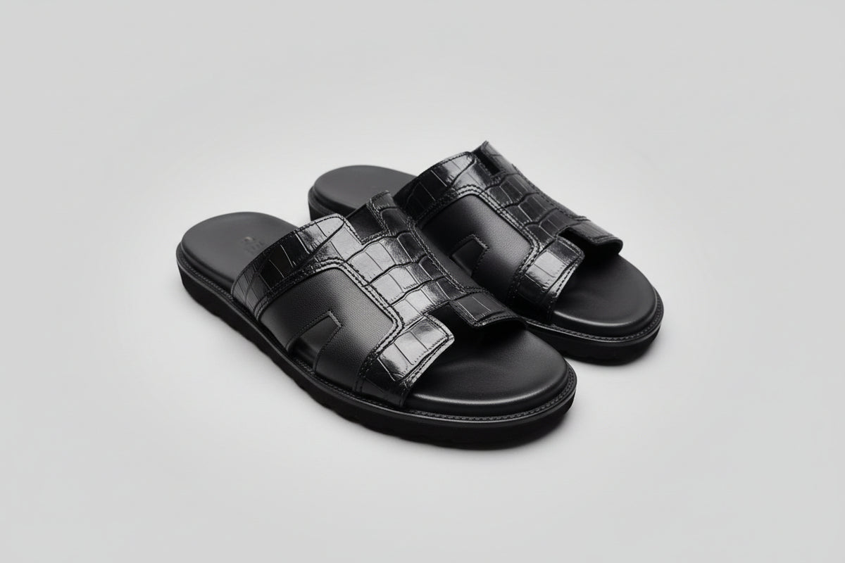 Black Textured Strap Slide Sandals