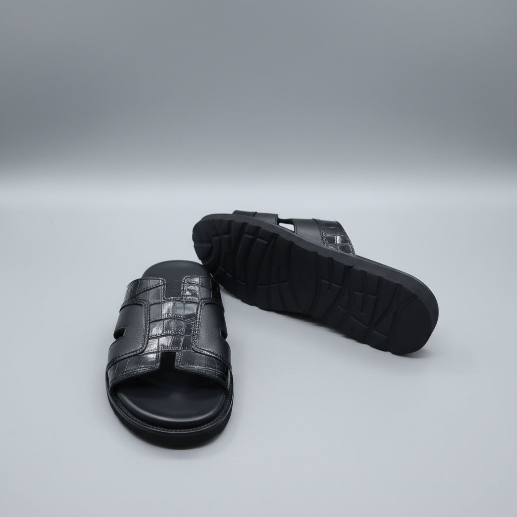 Black Textured Strap Slide Sandals