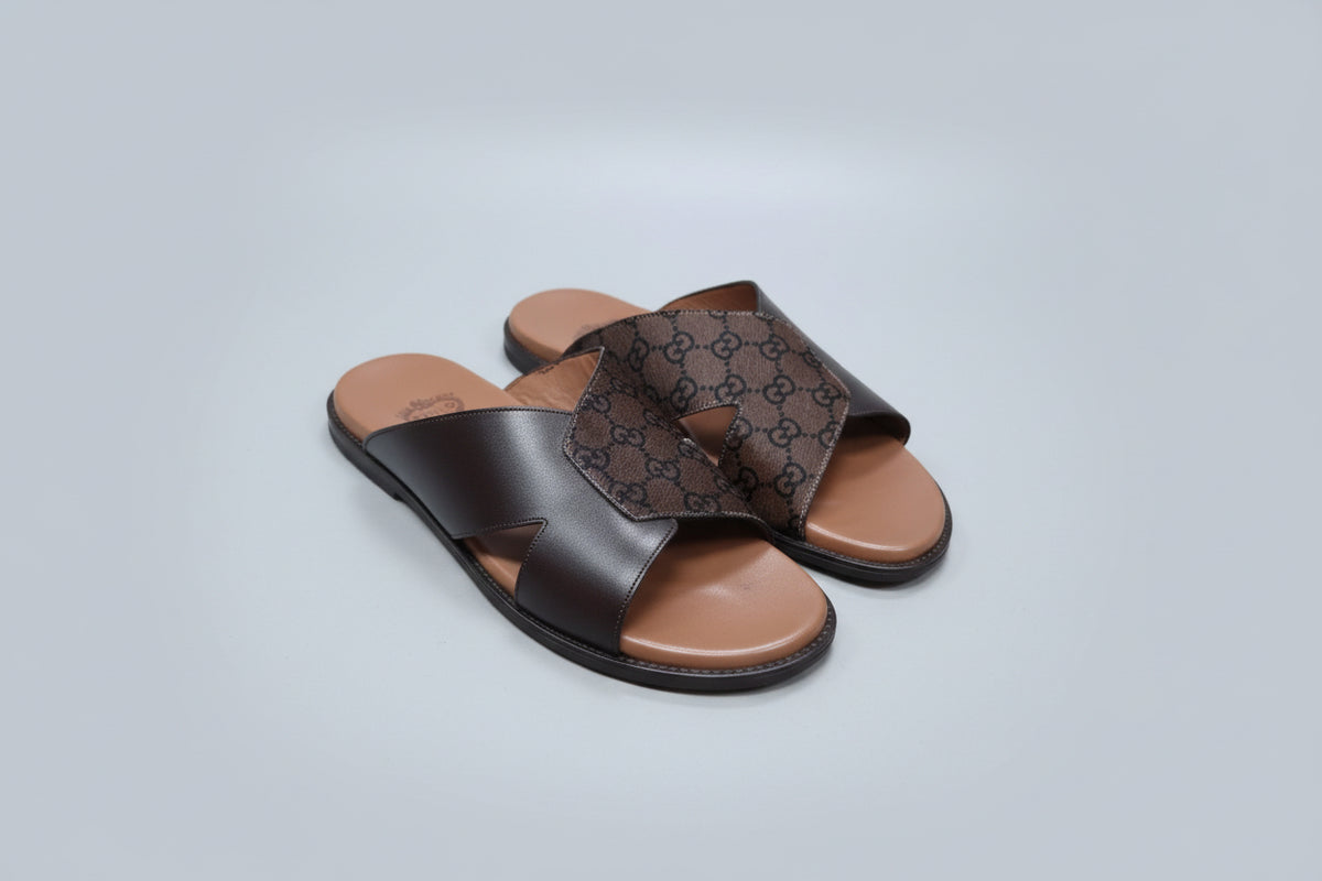 Brown Cross-Strap Slip-On Sandals
