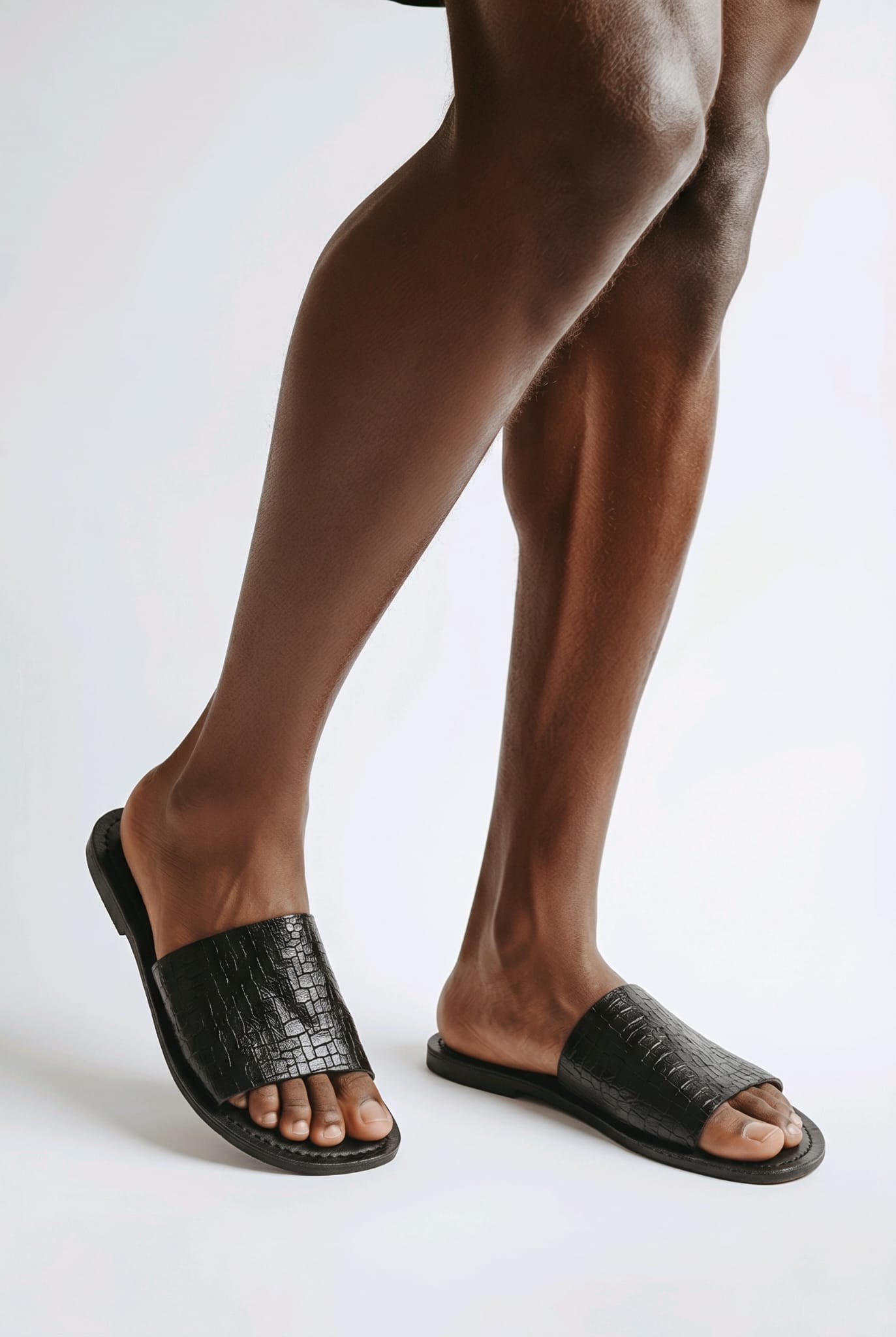 Black sandals worn by a person on a white background