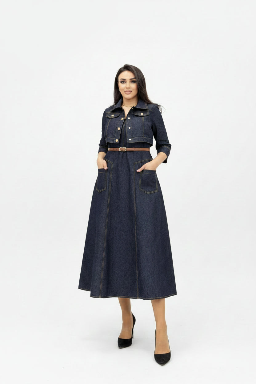 Dark Navy Denim Belted Midi Dress