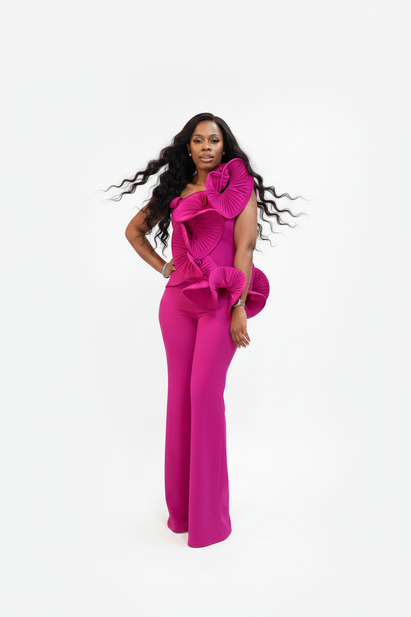 Fuchsia Ruffle Top & Wide-Leg Trouser Co-ord Set
