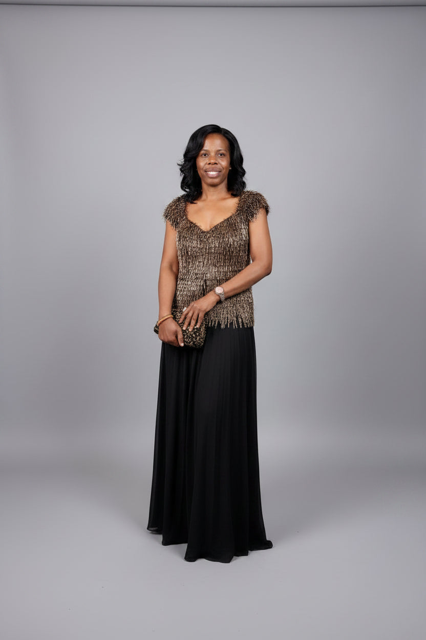 Gold Beaded Fringe Top & Black Maxi Skirt Co-ord Set