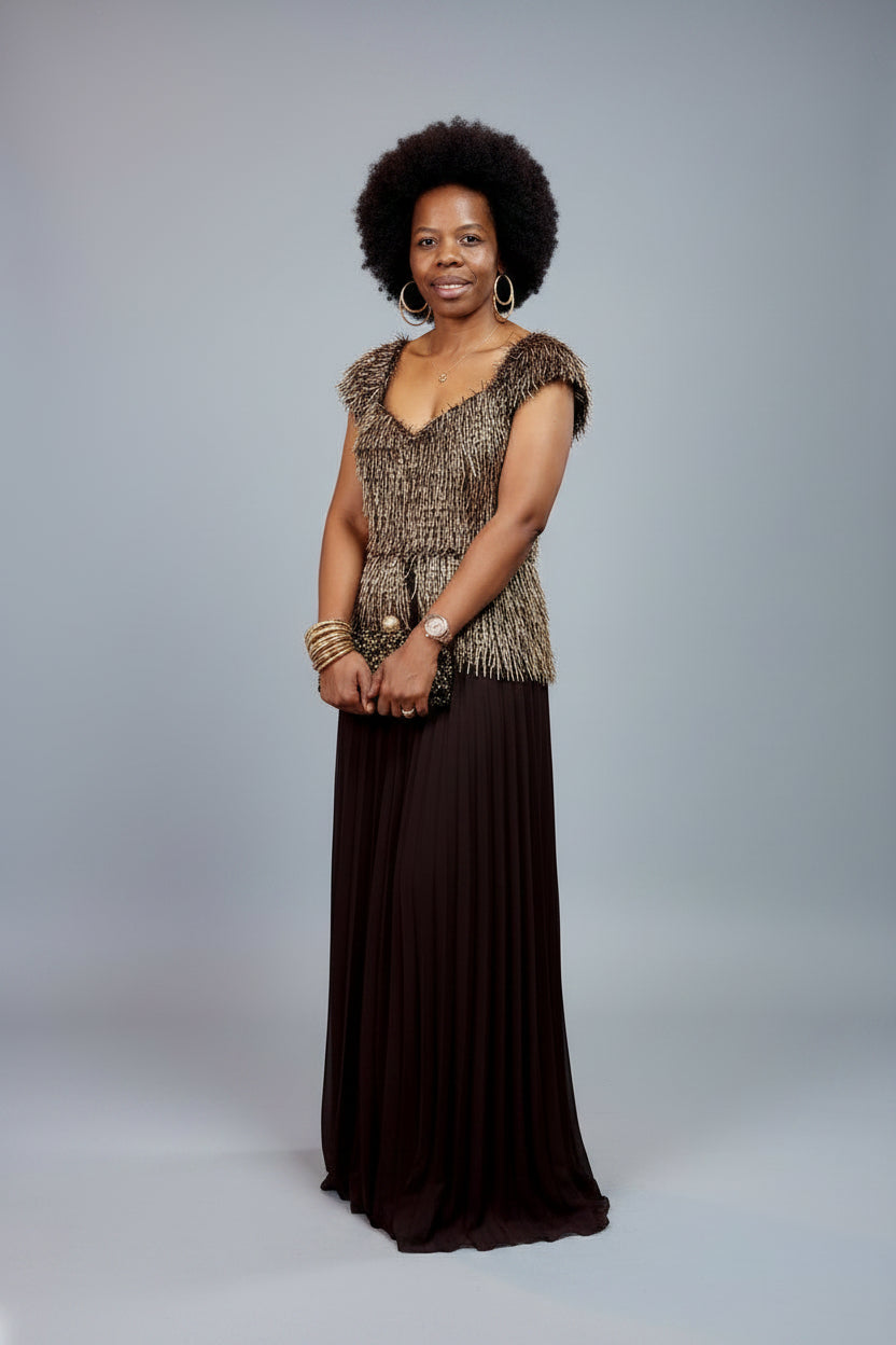 Gold Beaded Fringe Top & Black Maxi Skirt Co-ord Set