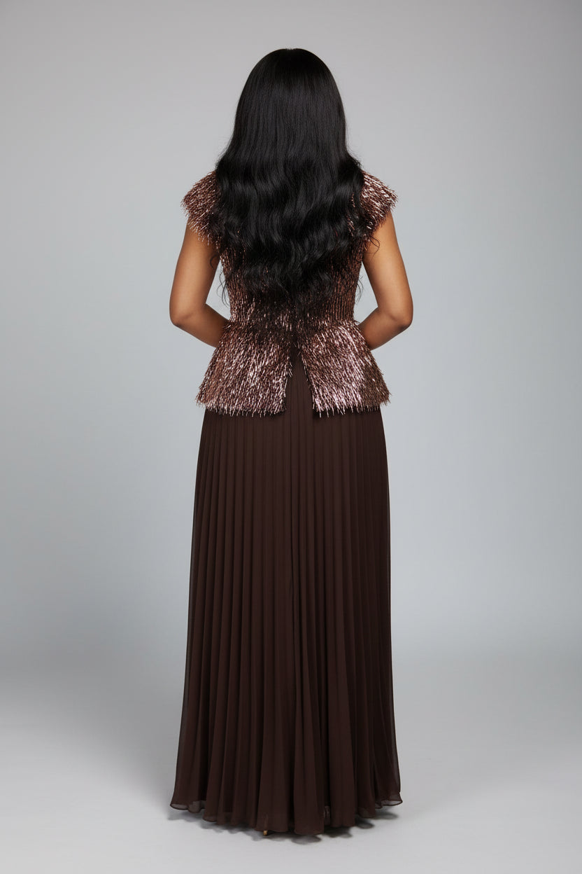 Gold Beaded Fringe Top & Black Maxi Skirt Co-ord Set
