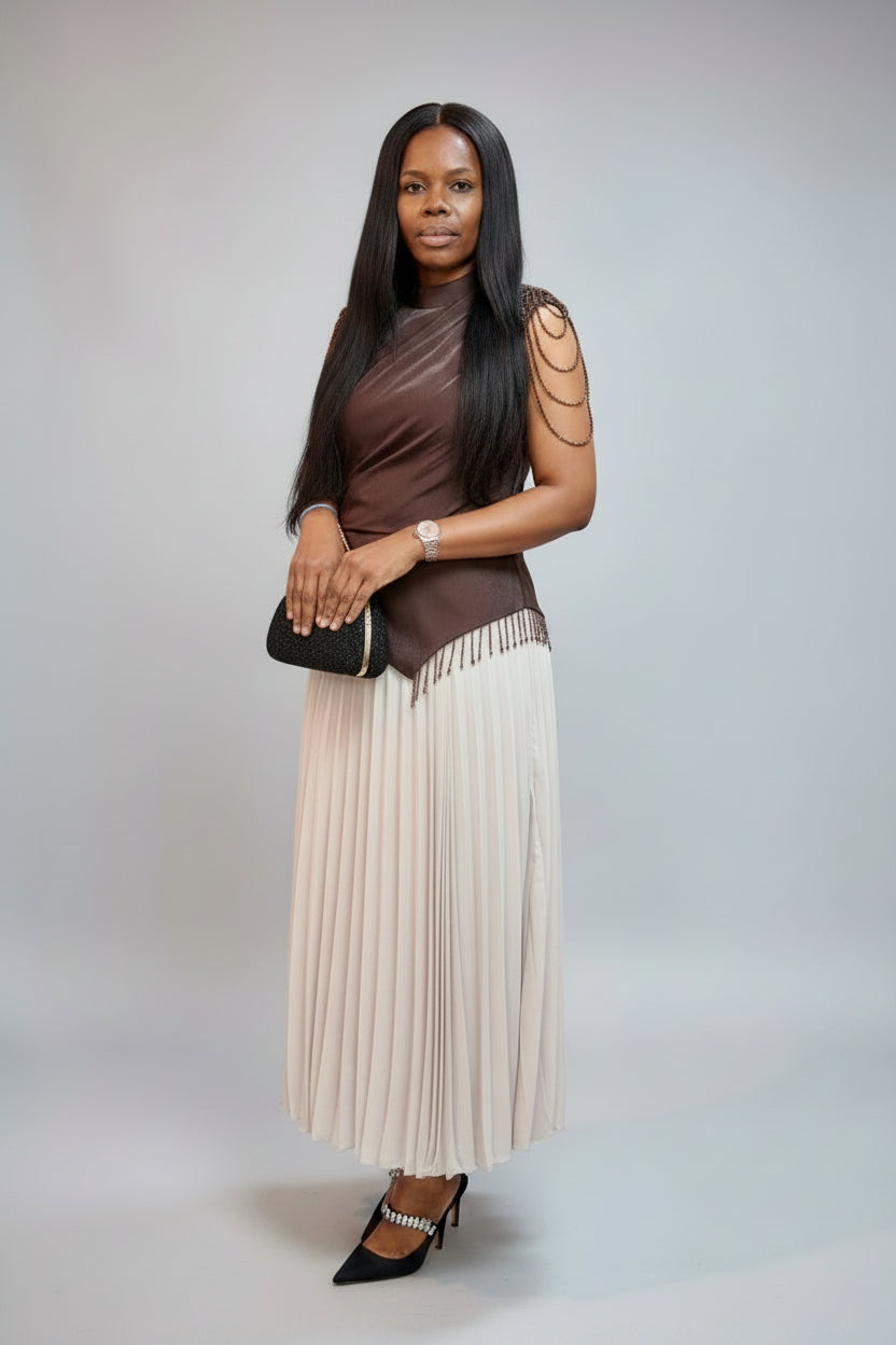 Chocolate Satin & Pleated Midi Co-ord Set