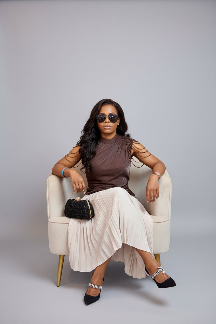 Chocolate Satin & Pleated Midi Co-ord Set