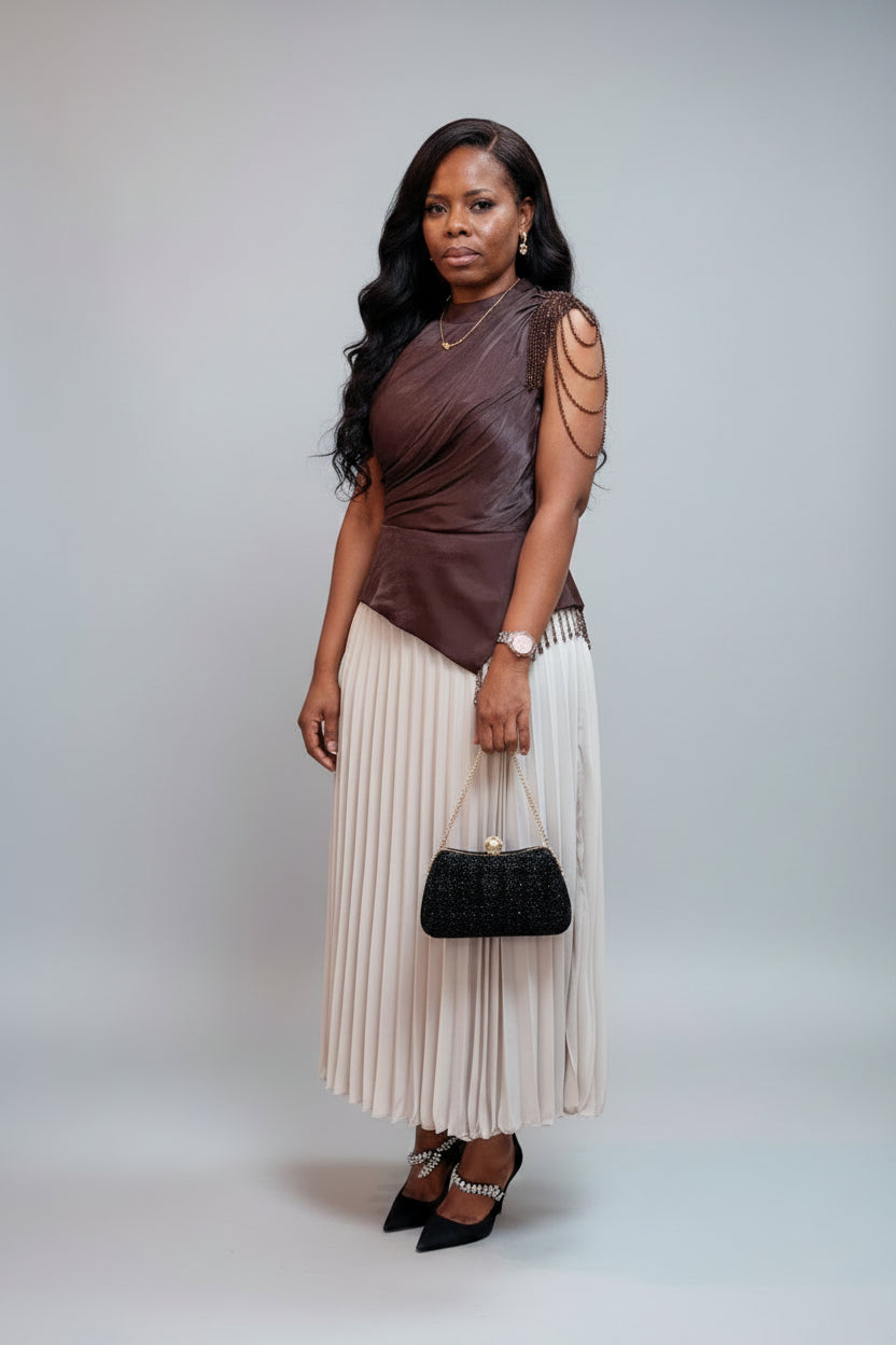 Chocolate Satin & Pleated Midi Co-ord Set