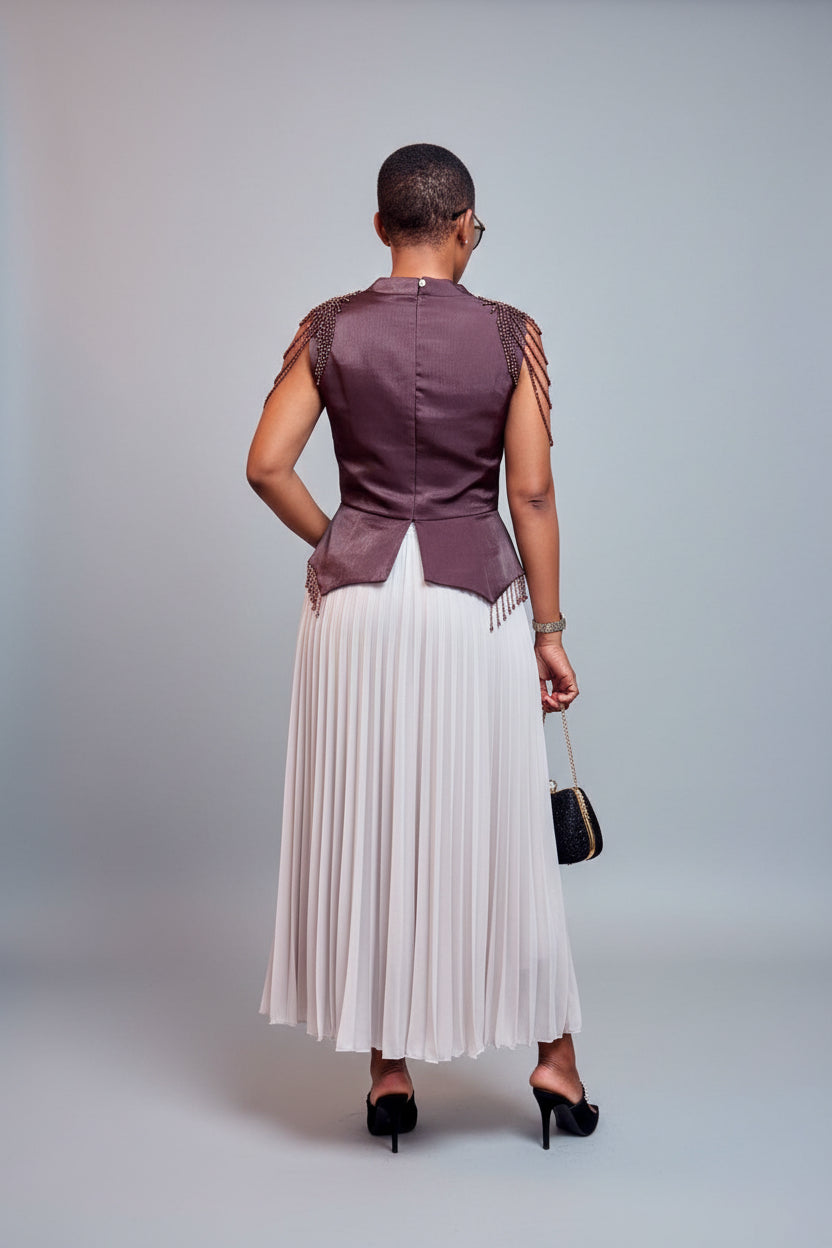 Chocolate Satin & Pleated Midi Co-ord Set