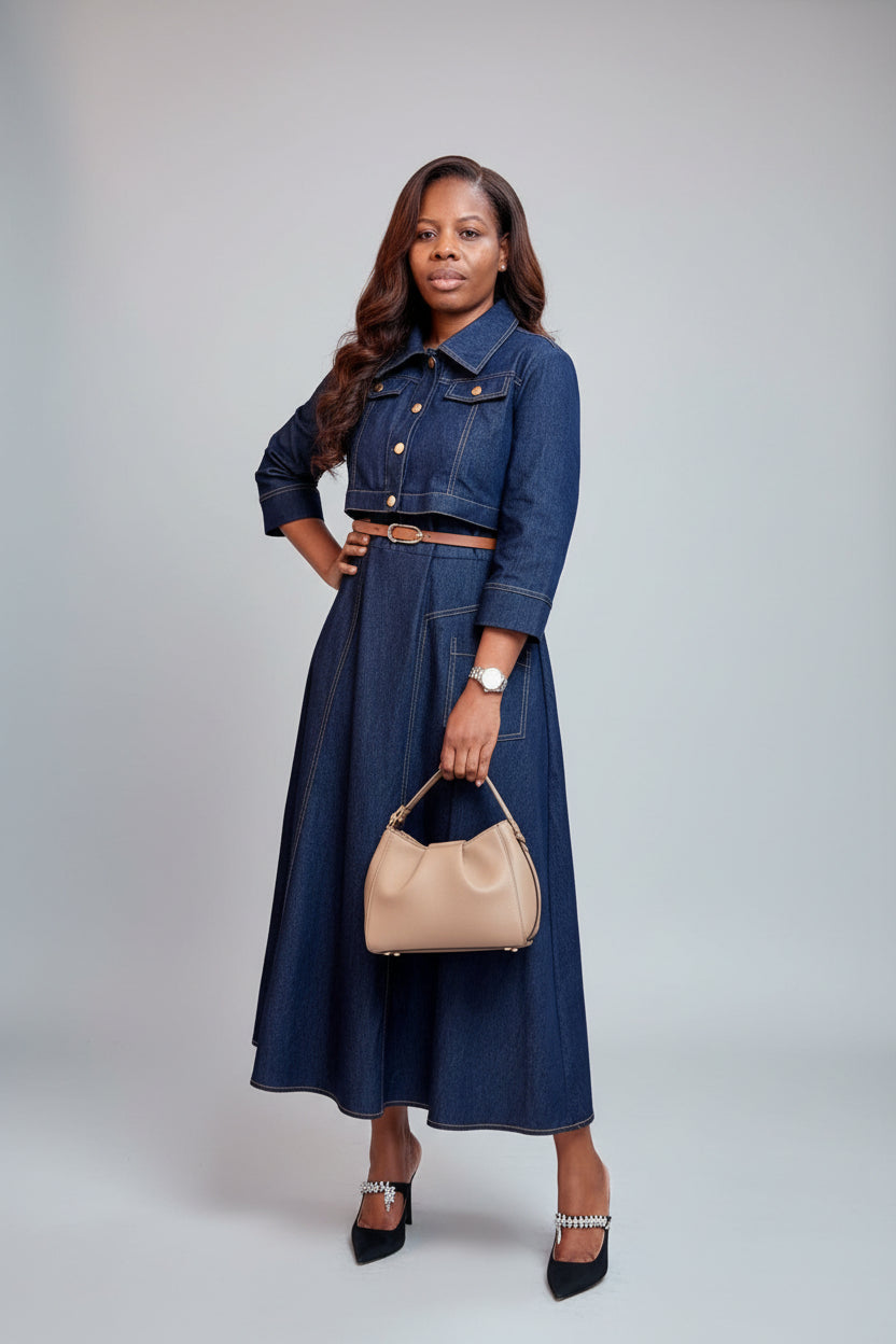 Dark Navy Denim Belted Midi Dress