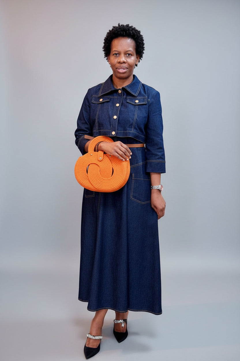 Dark Navy Denim Belted Midi Dress