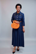 Dark Navy Denim Belted Midi Dress