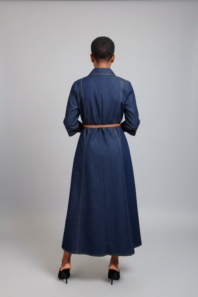 Dark Navy Denim Belted Midi Dress