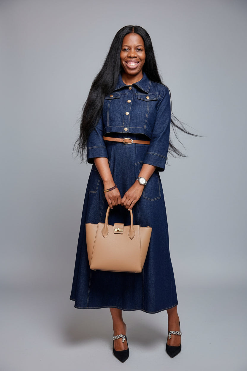 Dark Navy Denim Belted Midi Dress