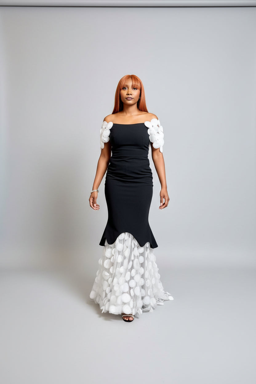 Black & White Pom-Pom Mermaid Gown