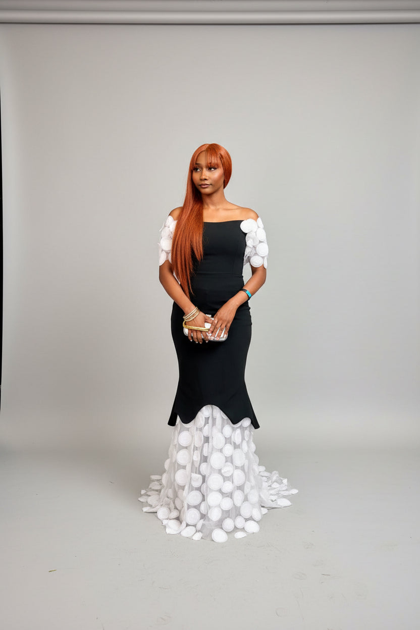 Black & White Pom-Pom Mermaid Gown