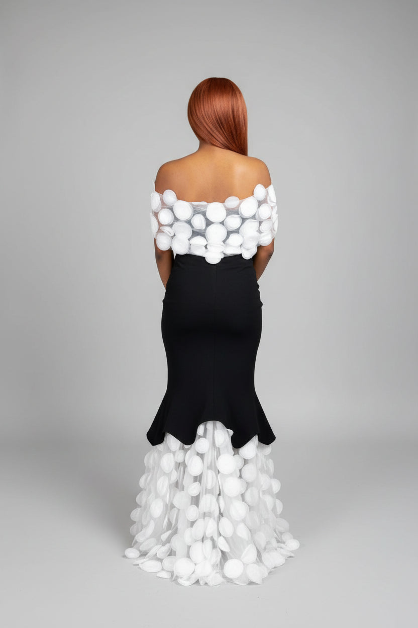 Black & White Pom-Pom Mermaid Gown