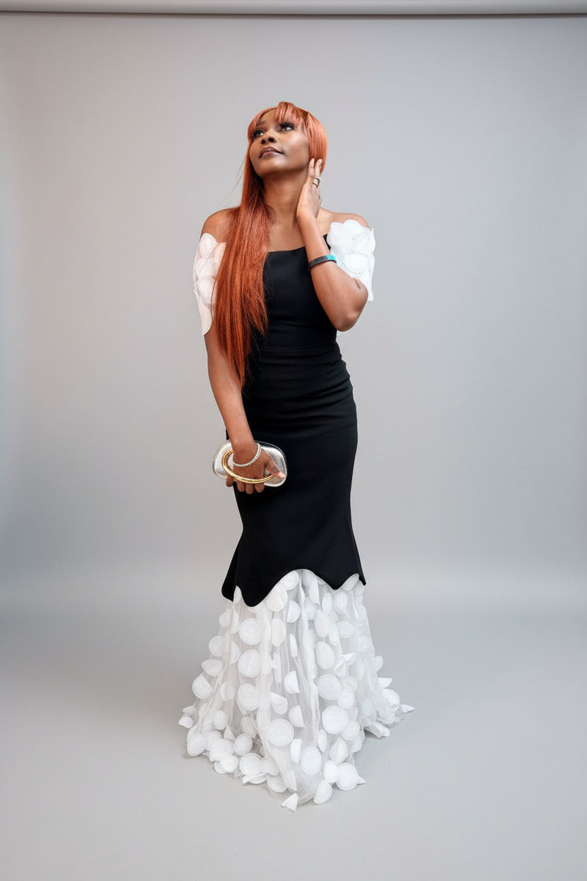 Black & White Pom-Pom Mermaid Gown