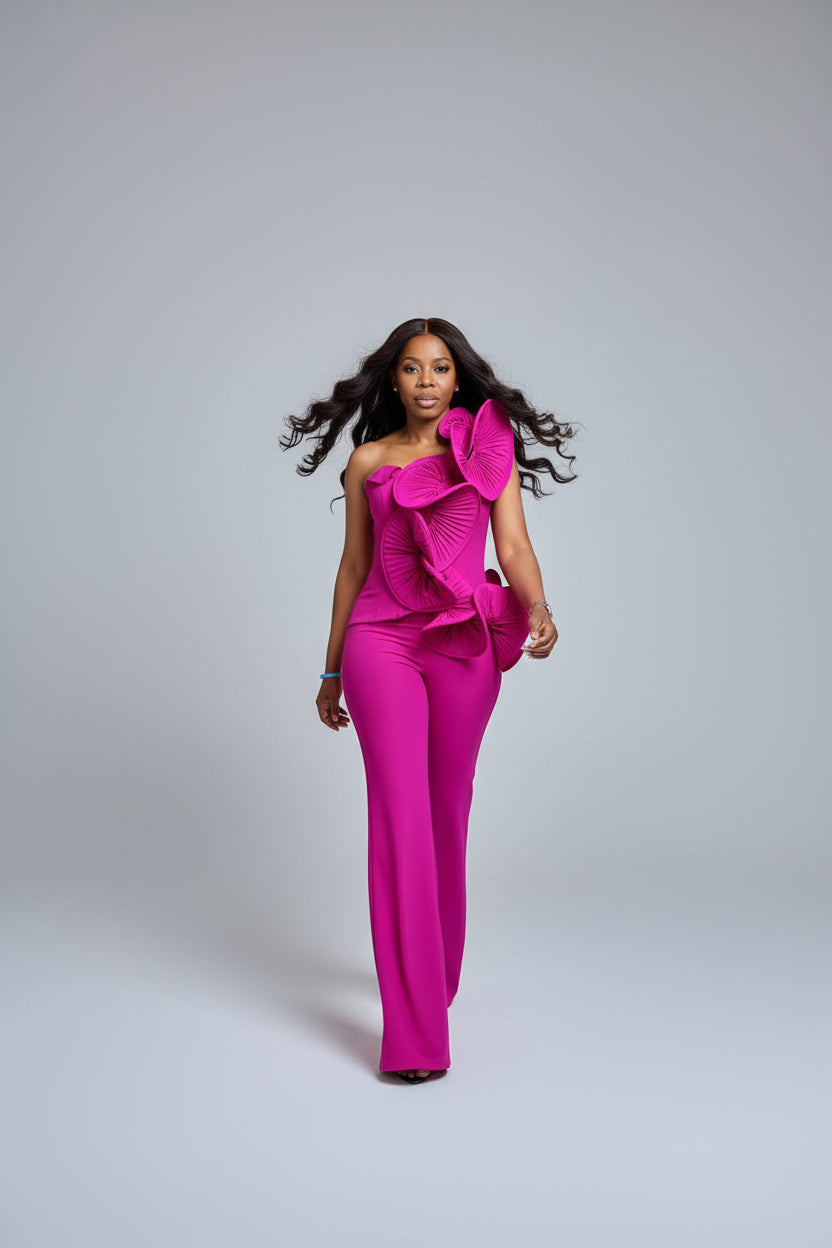 Fuchsia Ruffle Top & Wide-Leg Trouser Co-ord Set