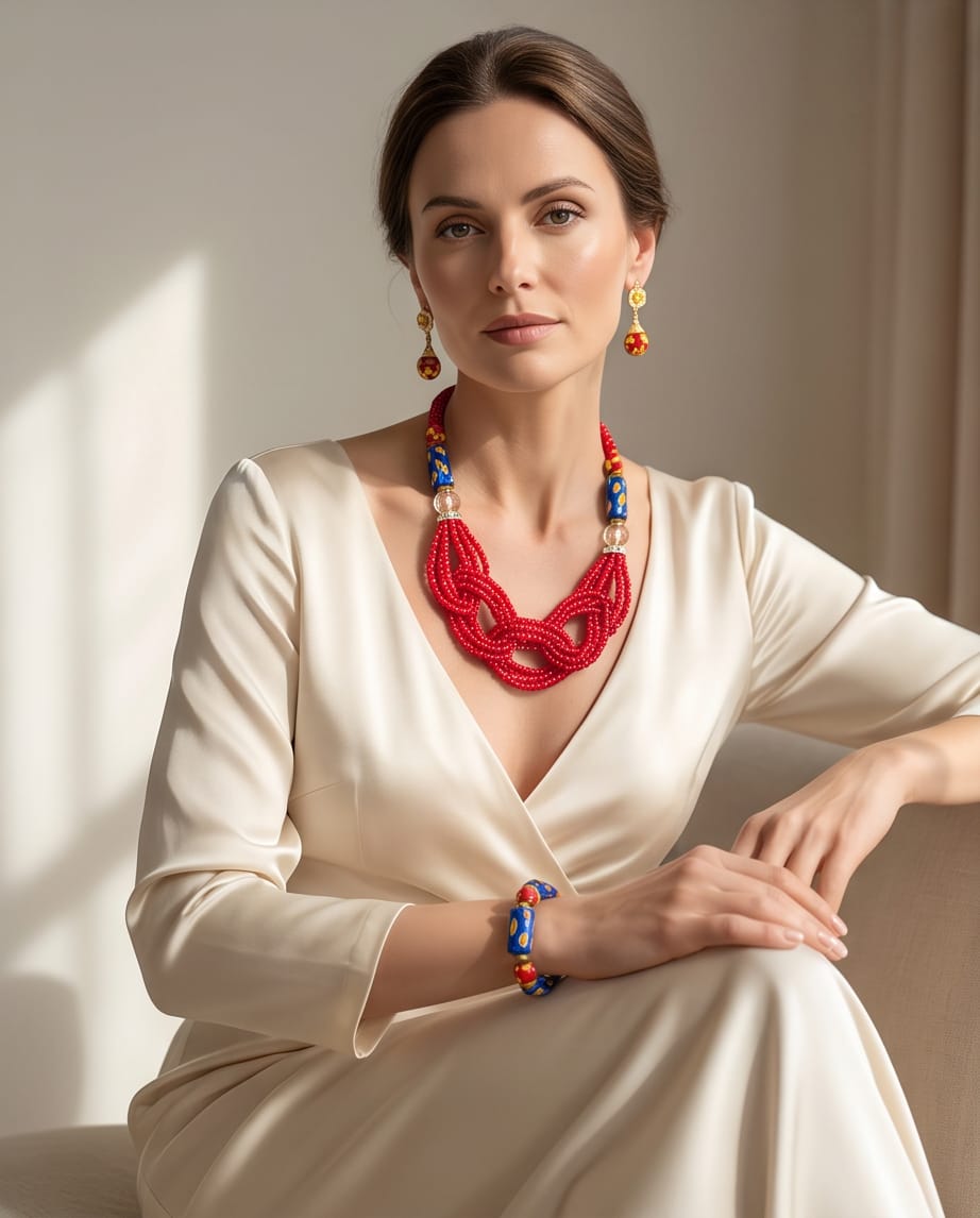 Red & Blue Beaded Jewellery Set