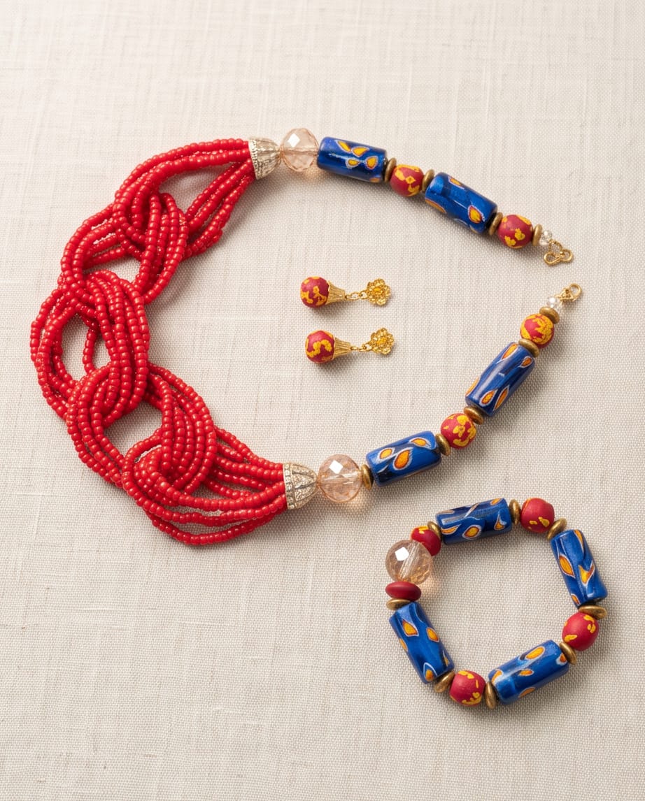 Red & Blue Beaded Jewellery Set