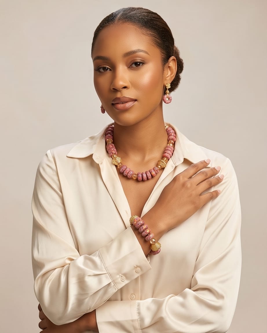 Pink Beaded Necklace & Earrings Set