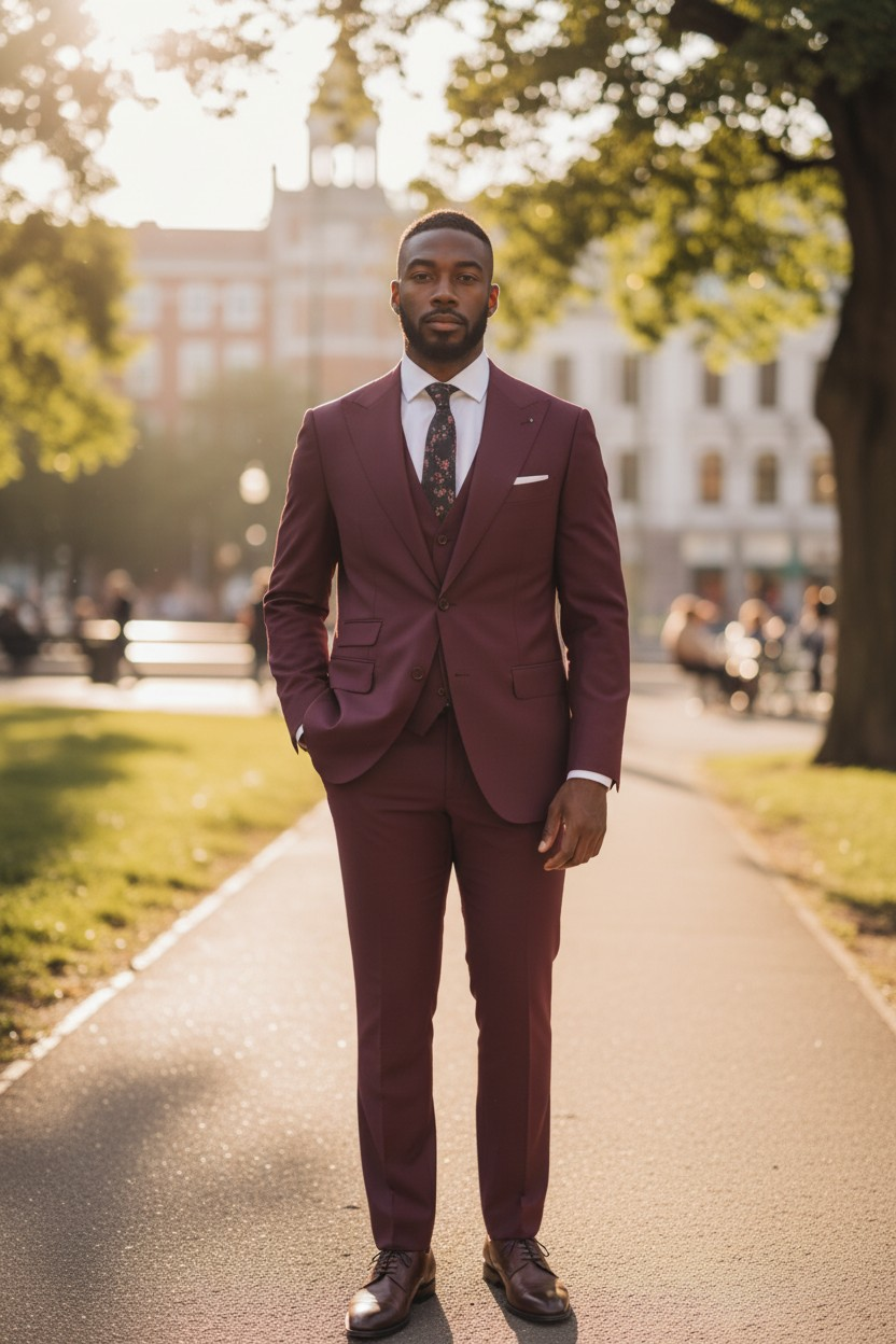Burgundy Three-Piece Slim Fit Suit