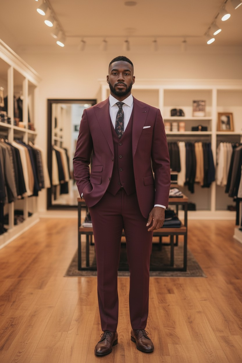 Burgundy Three-Piece Slim Fit Suit